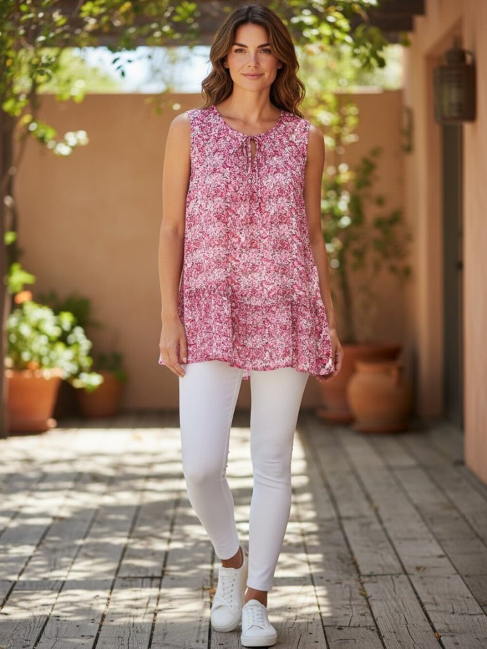 Faded Glory Tiered Floral Tank Top | Pink Boho Lined | Size L‎ (12-14)